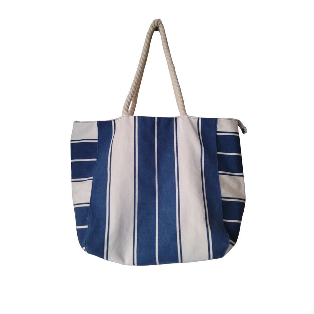 Lancome Paris Blue & White Color Block Nautical Straps Canvas Beach‎ Bag Tote